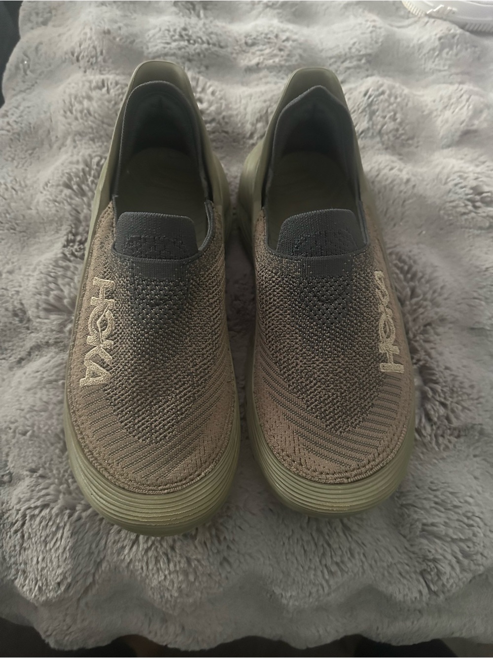 Hoka One One Men's Slip-On Knit Sneaker in Olive Green and Gray